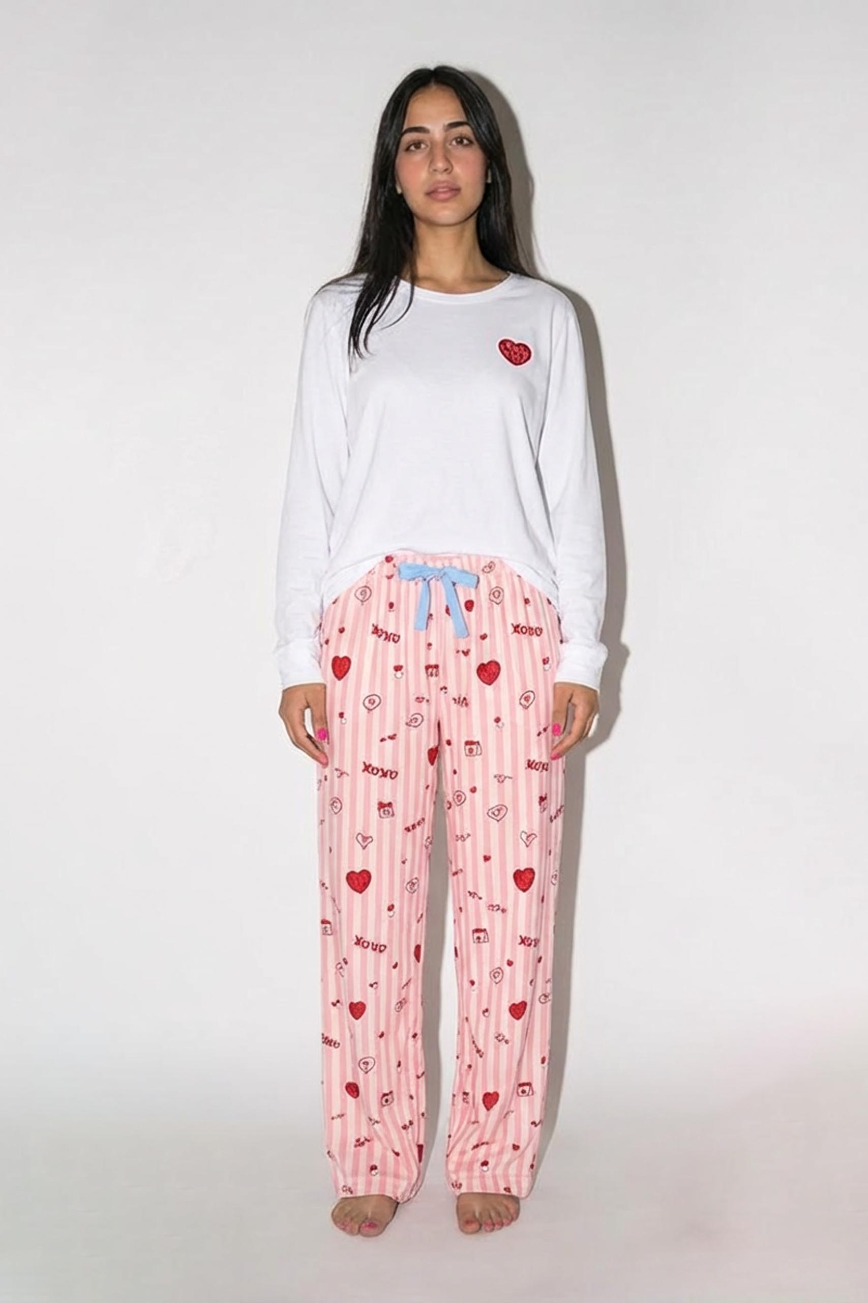 Red Stripe Hearts Linen Pajama